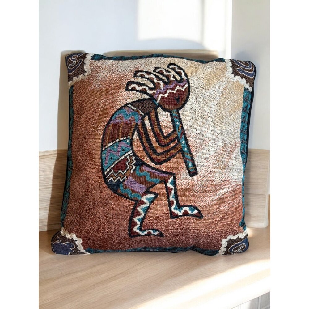 Vintage Kokopelli Southwest Throw Pillows 15" Flute Dance Woven Tapestry